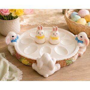 Mervyns EASTER DEVILED EGG PLATE & Bunny Rabbit SALT PEPPER SHAKERS tray dish